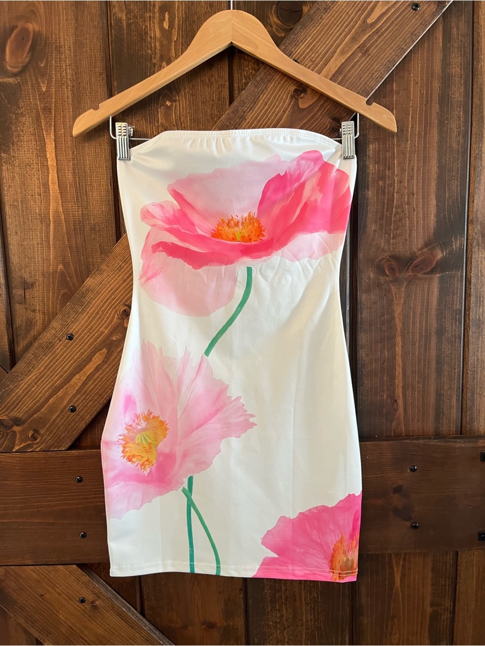 Women’s White Strapless Dress with Pink Floral Print- NEW- Small -lovely